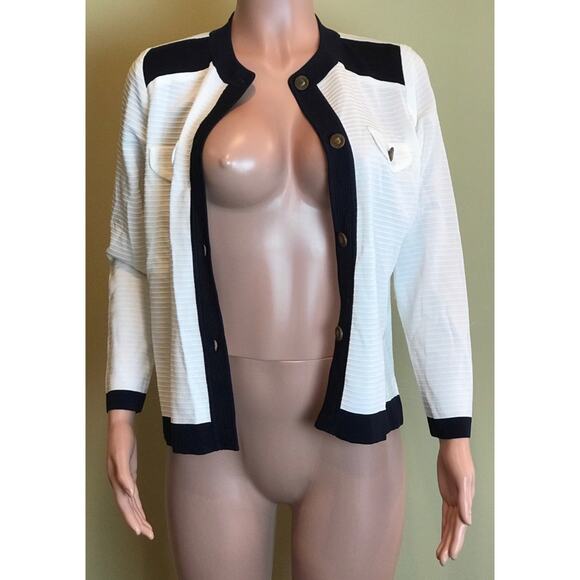 Exclusively Misook Cardigan Sweater Size PS White Navy Blue Trim Gold Buttons - Picture 2 of 9